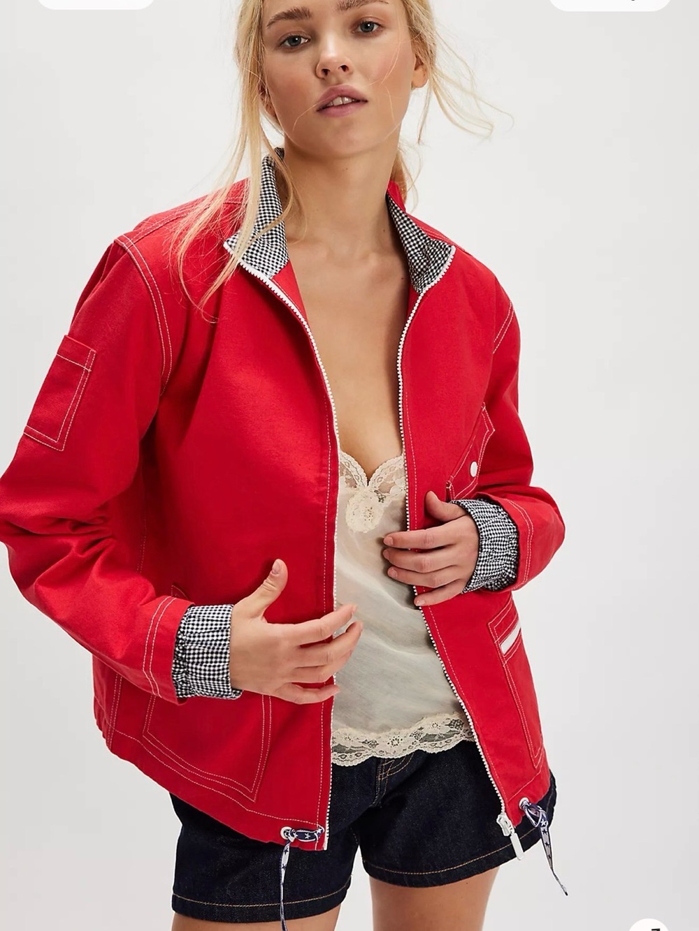 NWT We The Free Red Top Down Jacket with Gingham Trim